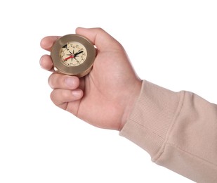 Photo of Man holding compass on white background, closeup