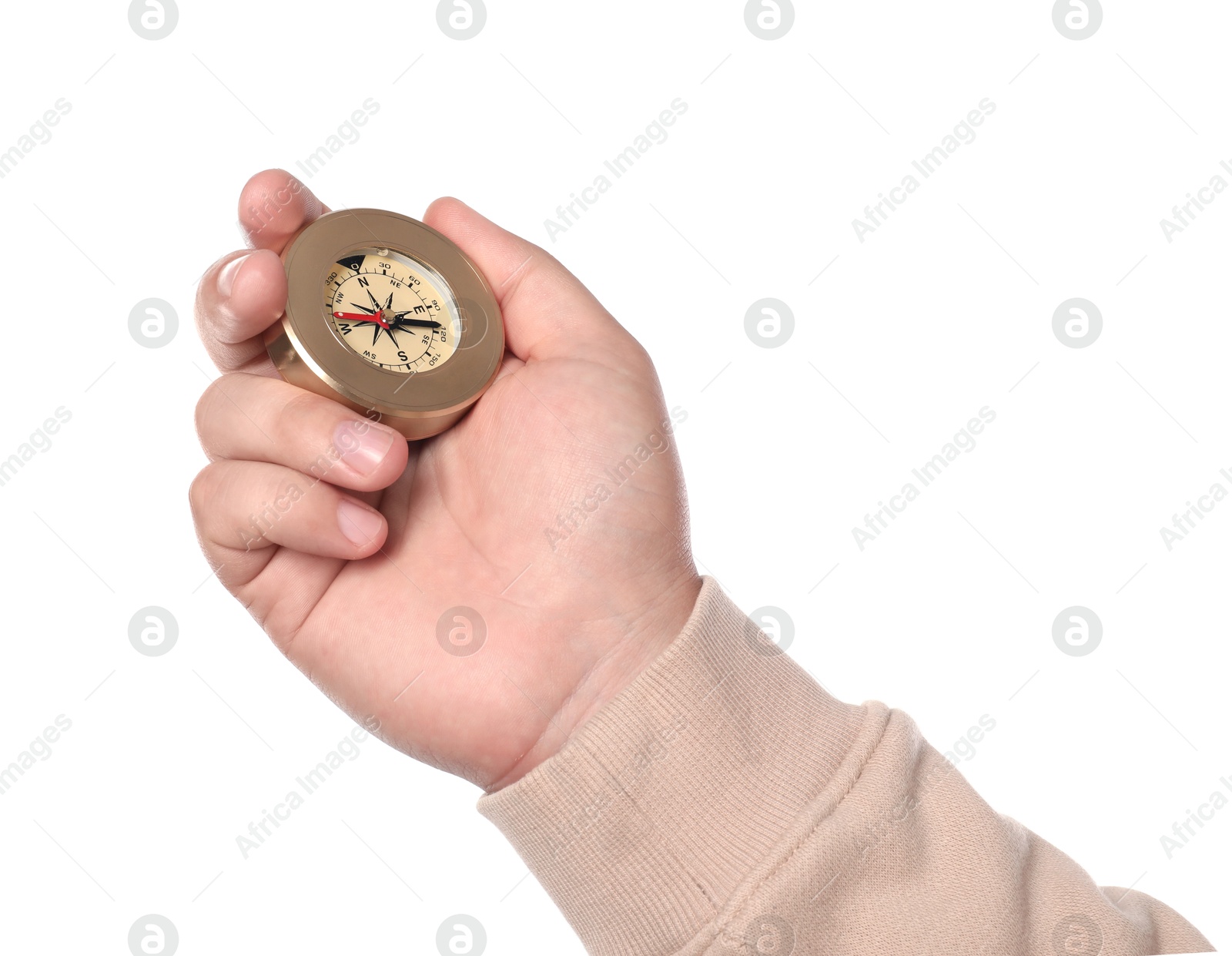 Photo of Man holding compass on white background, closeup