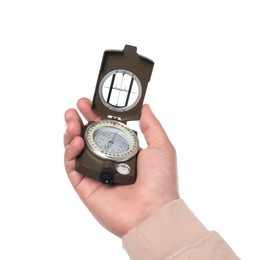 Man holding compass on white background, closeup