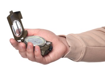 Photo of Man holding compass on white background, closeup