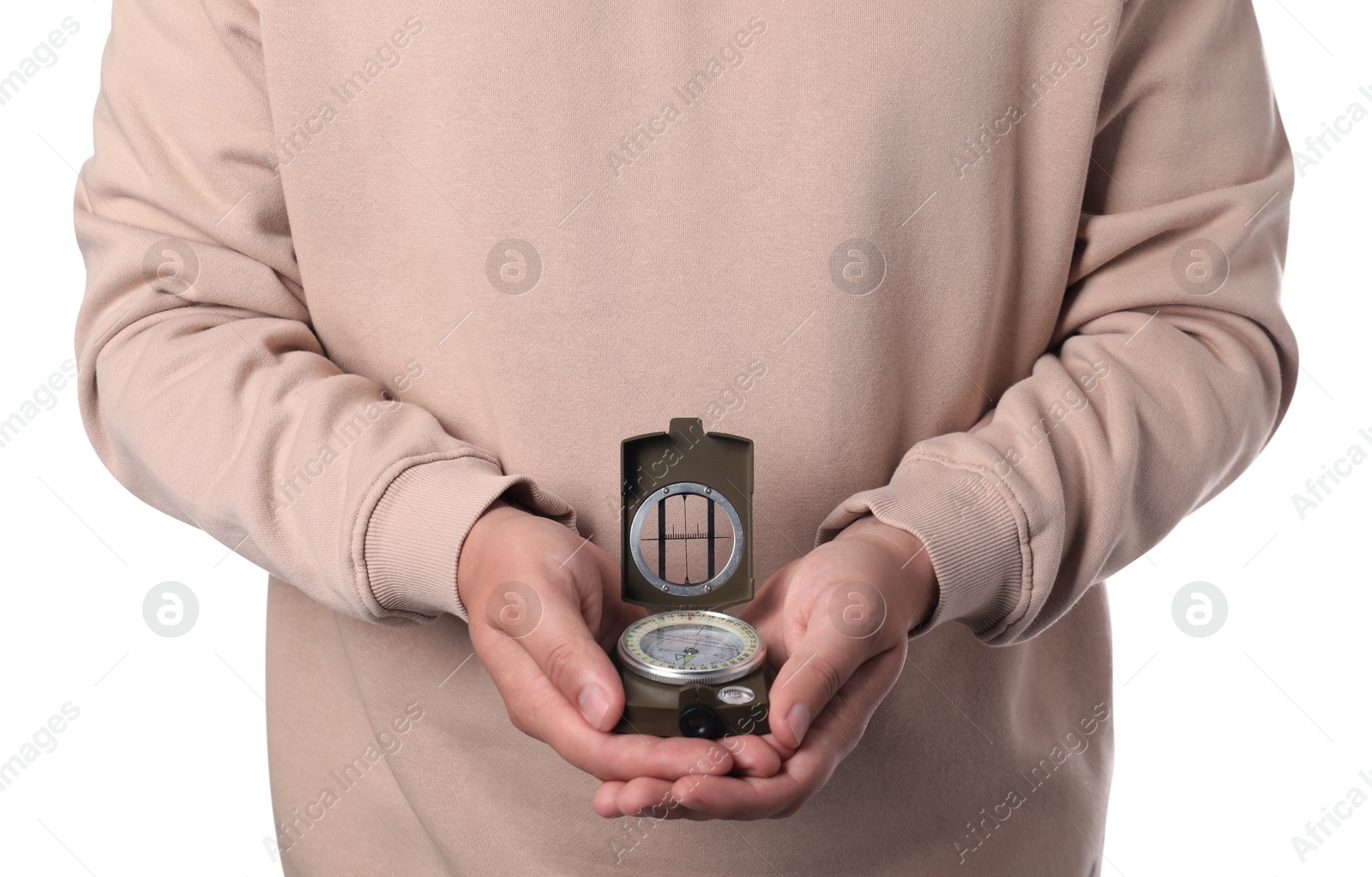 Photo of Man holding compass on white background, closeup