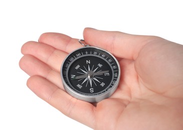 Photo of Woman holding compass on white background, closeup