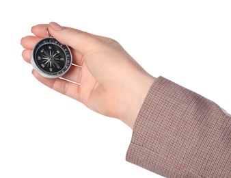 Photo of Woman holding compass on white background, closeup