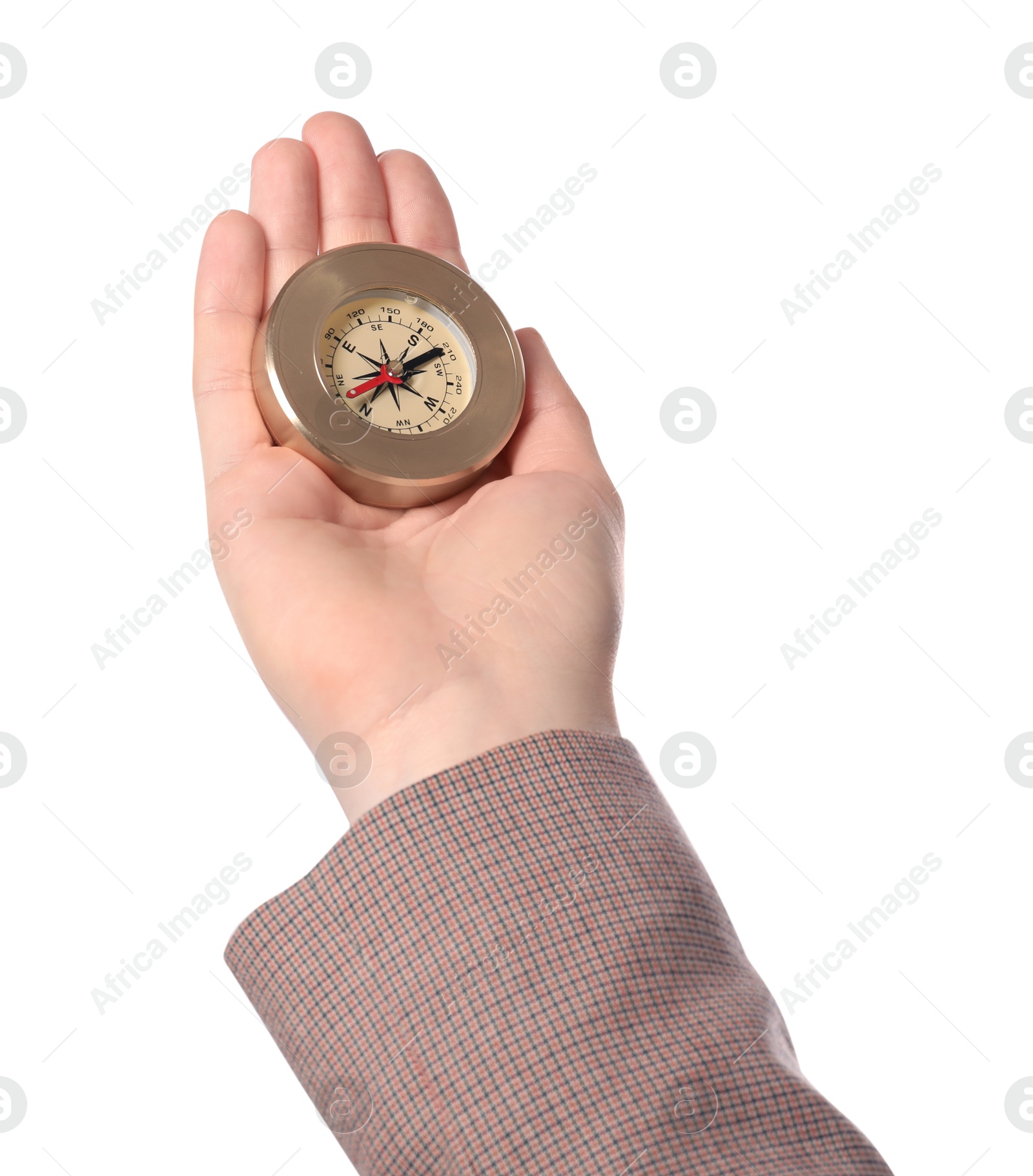 Photo of Woman holding compass on white background, closeup