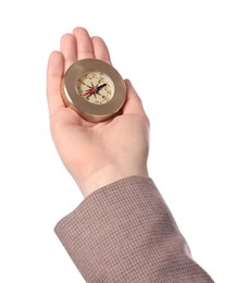 Photo of Woman holding compass on white background, closeup