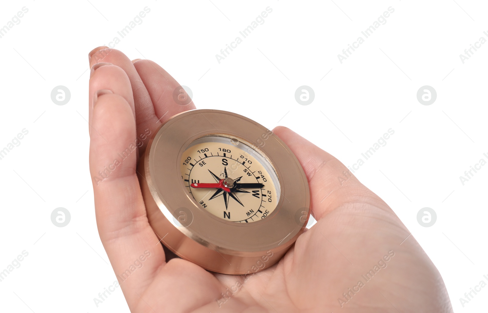 Photo of Woman holding compass on white background, closeup