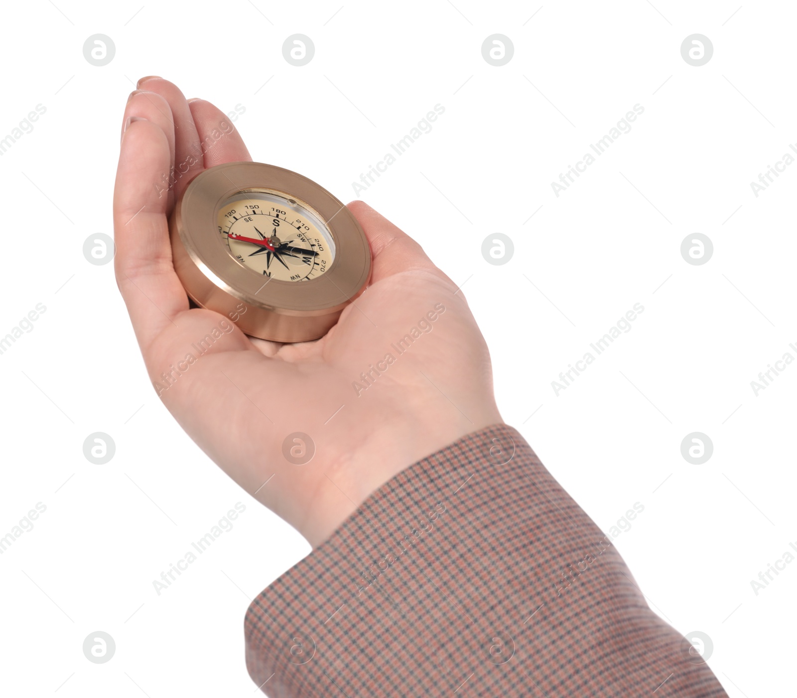 Photo of Woman holding compass on white background, closeup