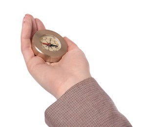 Photo of Woman holding compass on white background, closeup