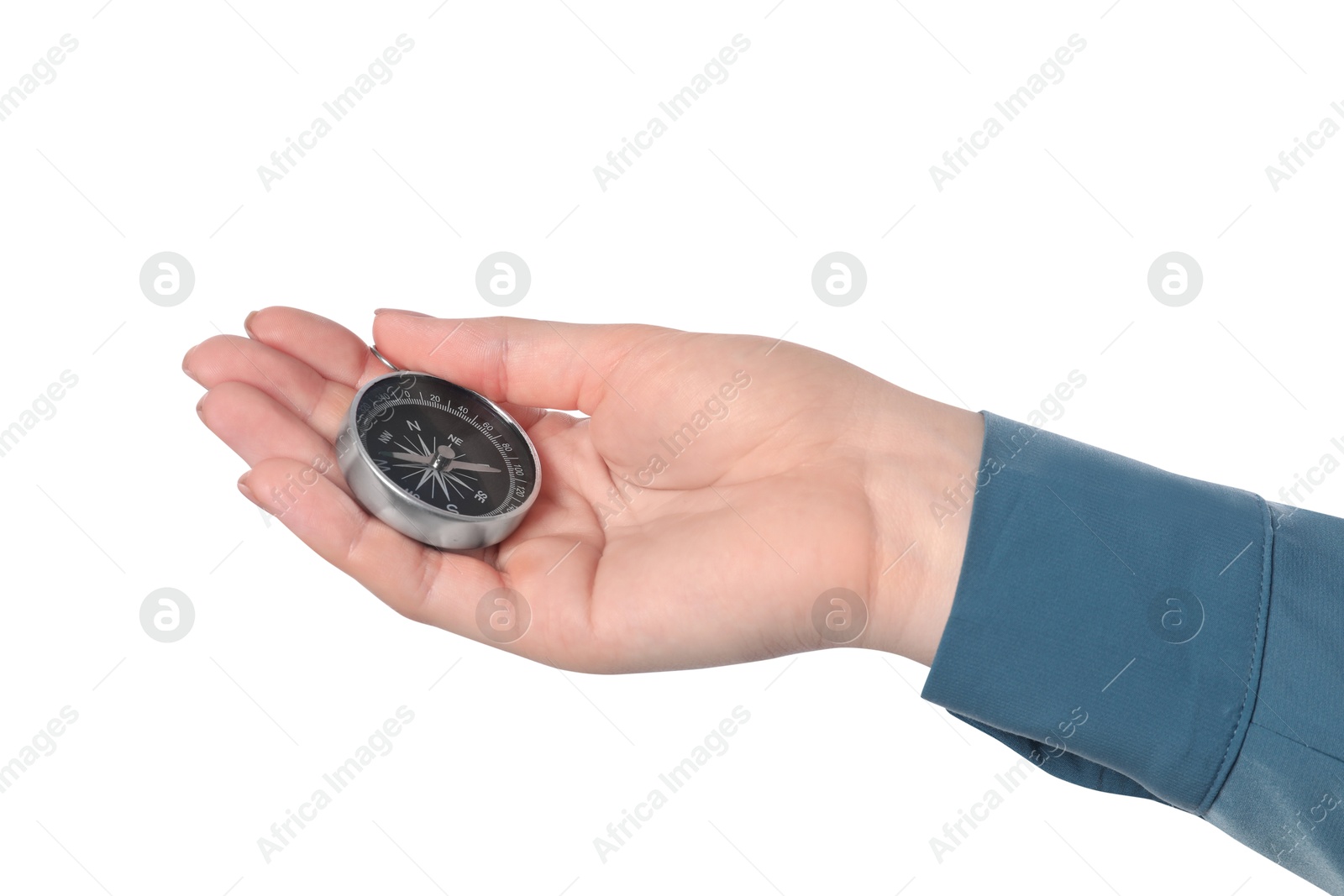 Photo of Woman holding compass on white background, closeup