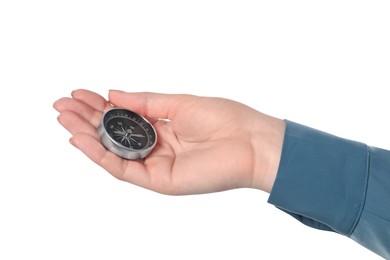 Photo of Woman holding compass on white background, closeup