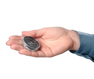 Photo of Woman holding compass on white background, closeup