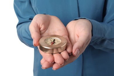 Photo of Woman holding compass on white background, closeup