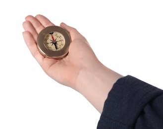 Photo of Woman holding compass on white background, closeup