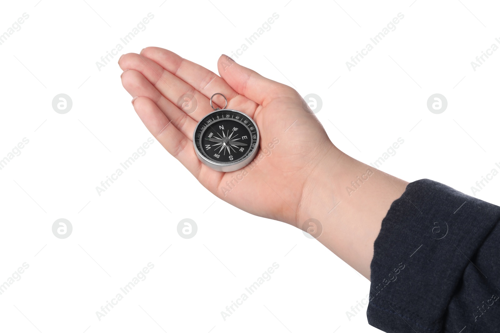 Photo of Woman holding compass on white background, closeup