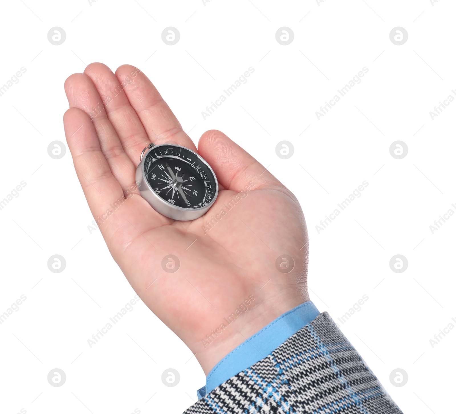 Photo of Man holding compass on white background, closeup