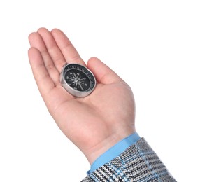 Photo of Man holding compass on white background, closeup