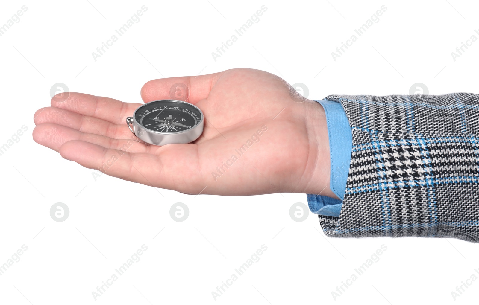 Photo of Man holding compass on white background, closeup