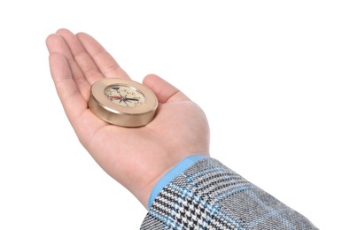 Photo of Man holding compass on white background, closeup