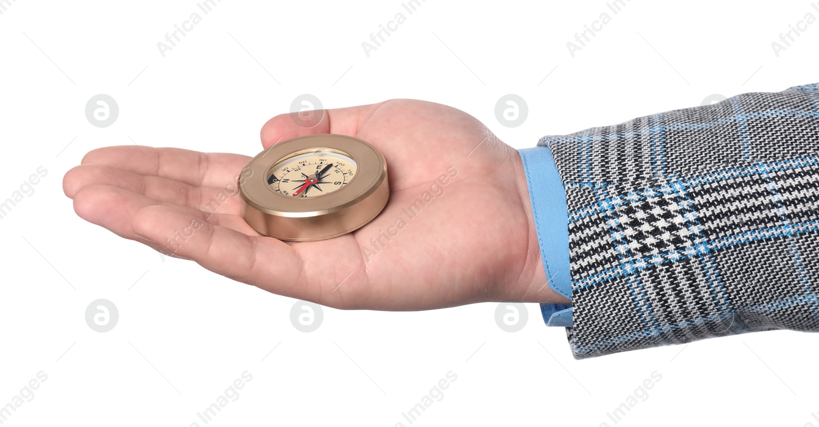 Photo of Man holding compass on white background, closeup