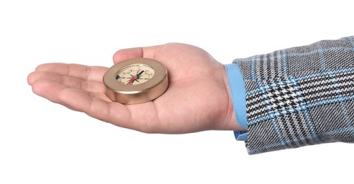 Photo of Man holding compass on white background, closeup