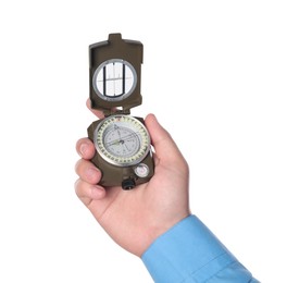 Photo of Man holding compass on white background, closeup