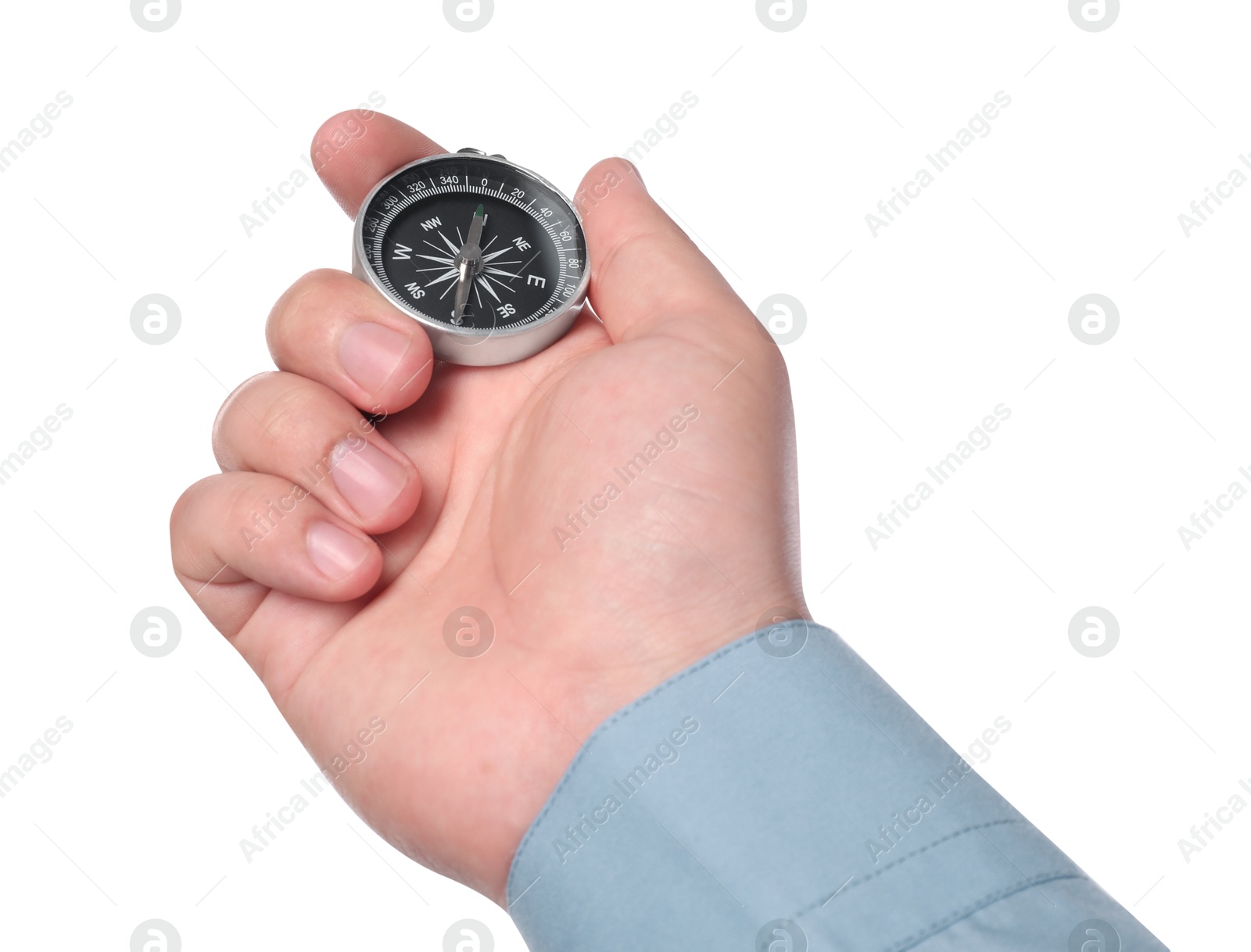 Photo of Man holding compass on white background, closeup