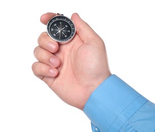 Man holding compass on white background, closeup