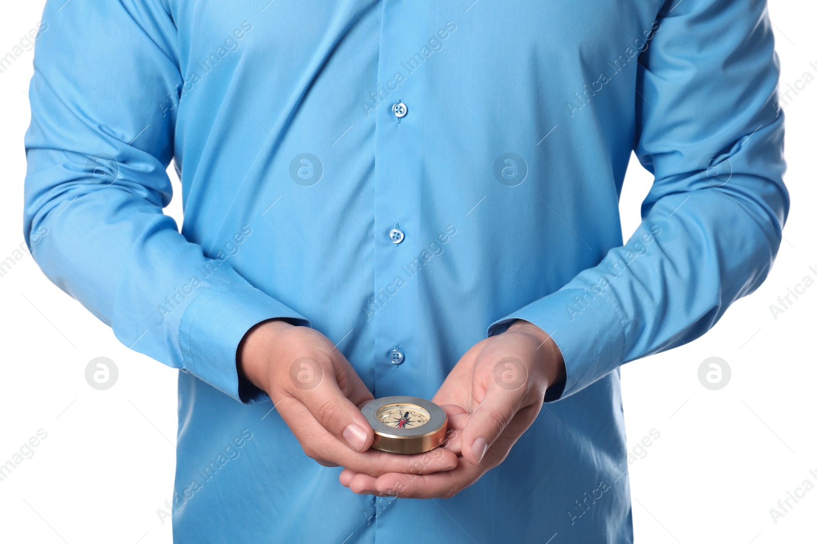 Photo of Man holding compass on white background, closeup