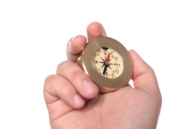 Photo of Man holding compass on white background, closeup