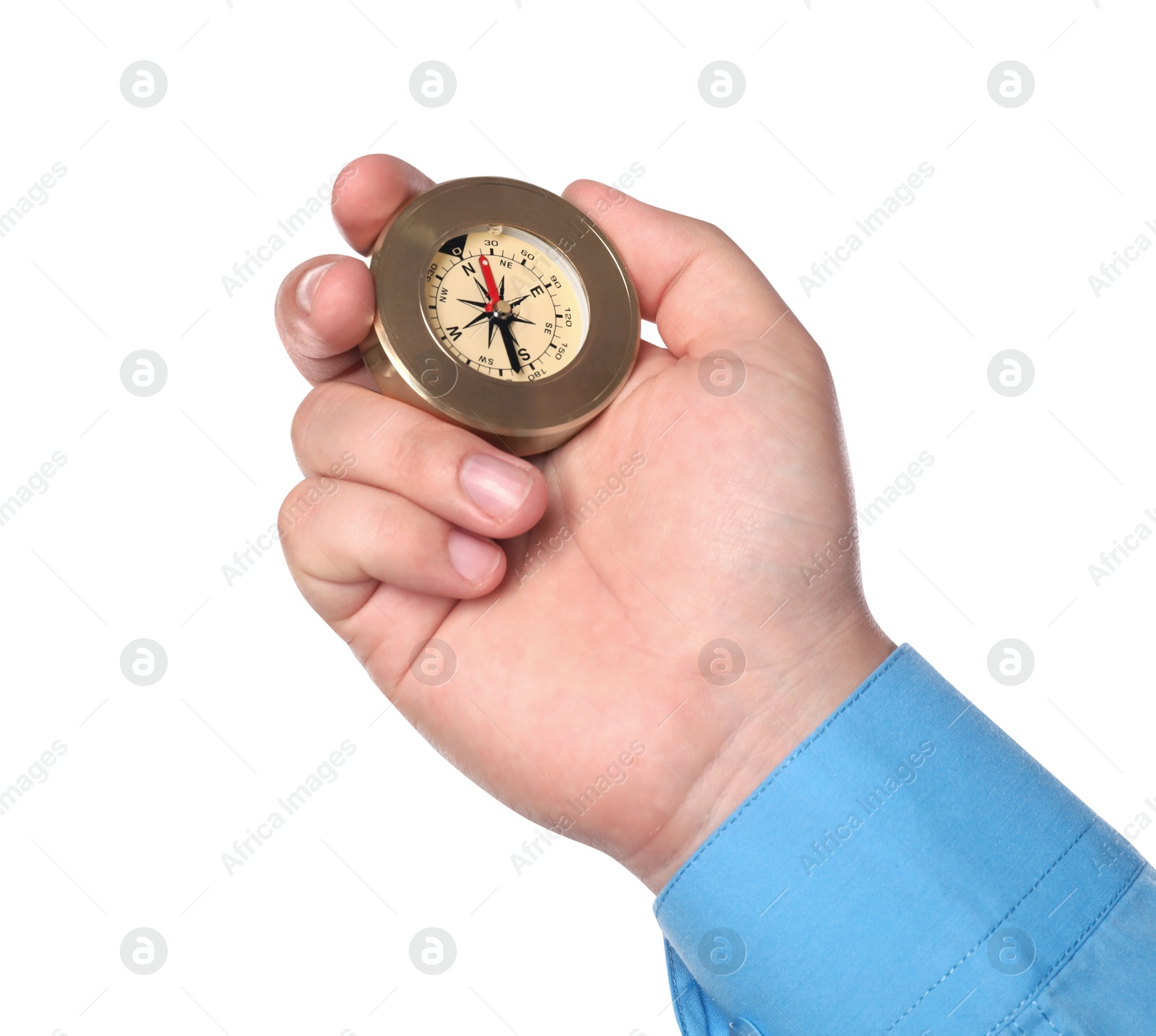 Photo of Man holding compass on white background, closeup