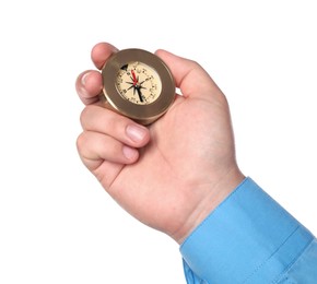 Photo of Man holding compass on white background, closeup