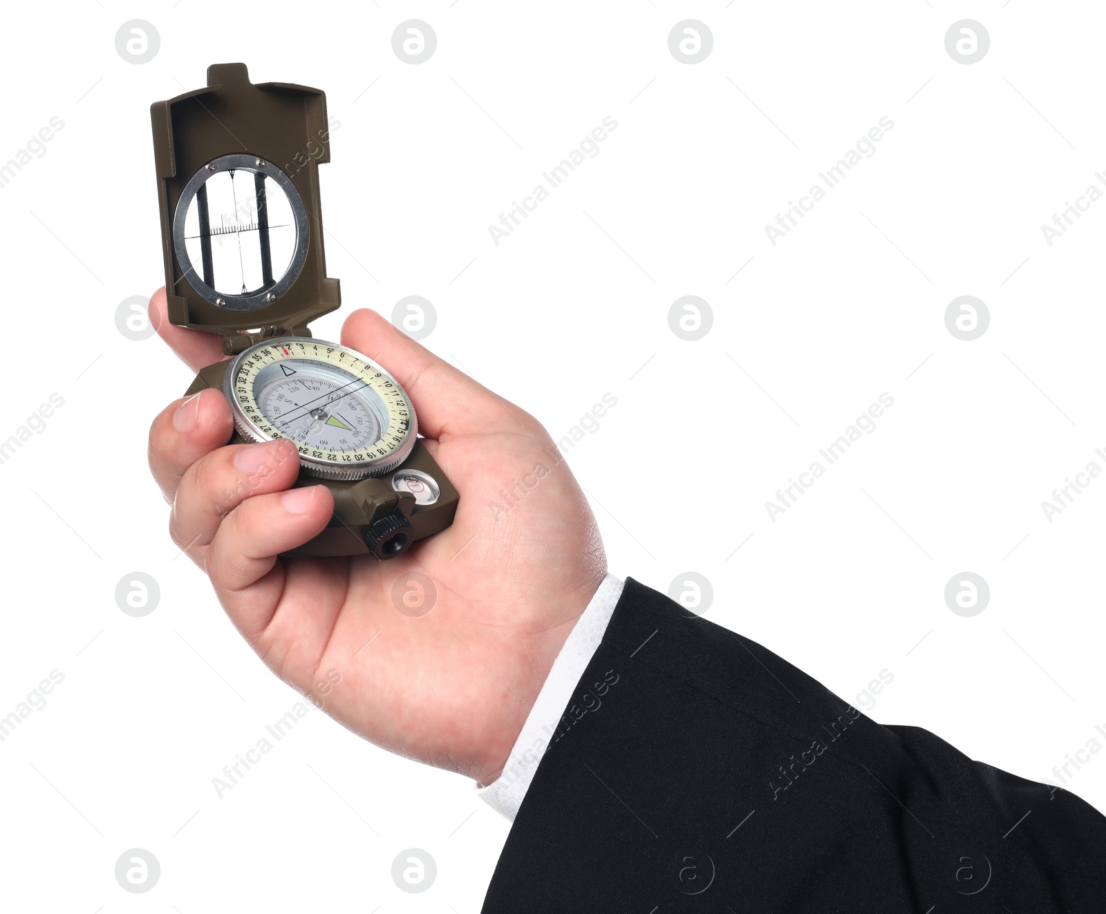 Photo of Man holding compass on white background, closeup