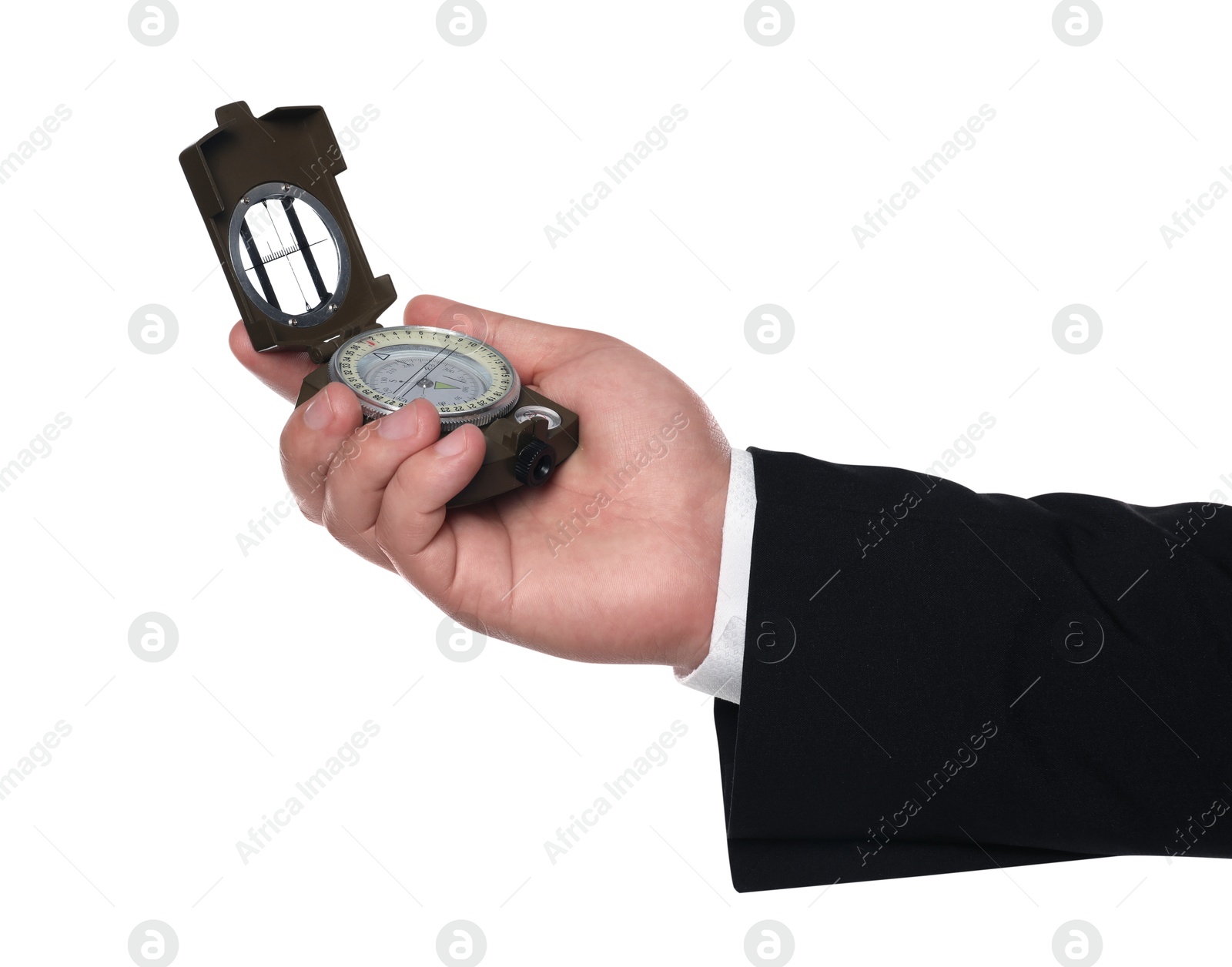 Photo of Man holding compass on white background, closeup