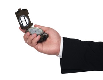 Photo of Man holding compass on white background, closeup