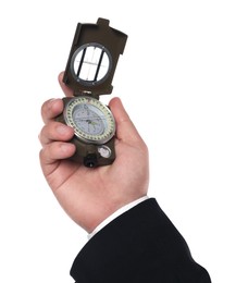 Photo of Man holding compass on white background, closeup