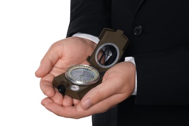 Photo of Man holding compass on white background, closeup