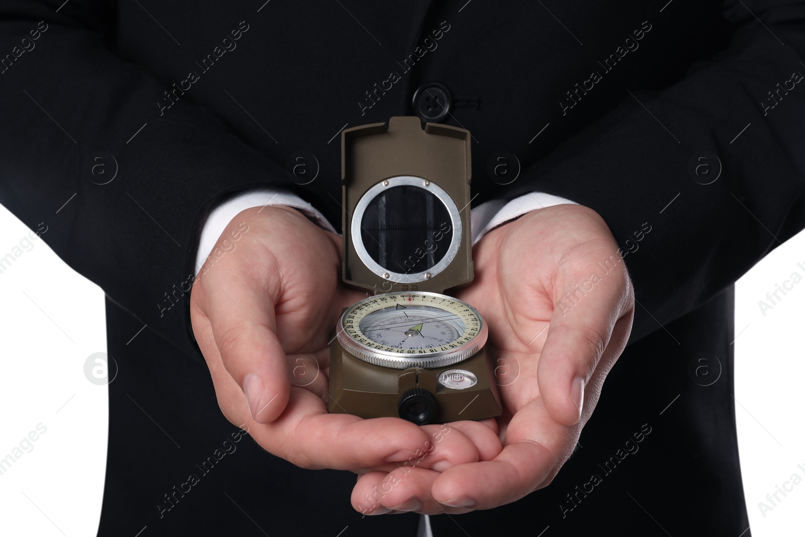 Photo of Man holding compass on white background, closeup