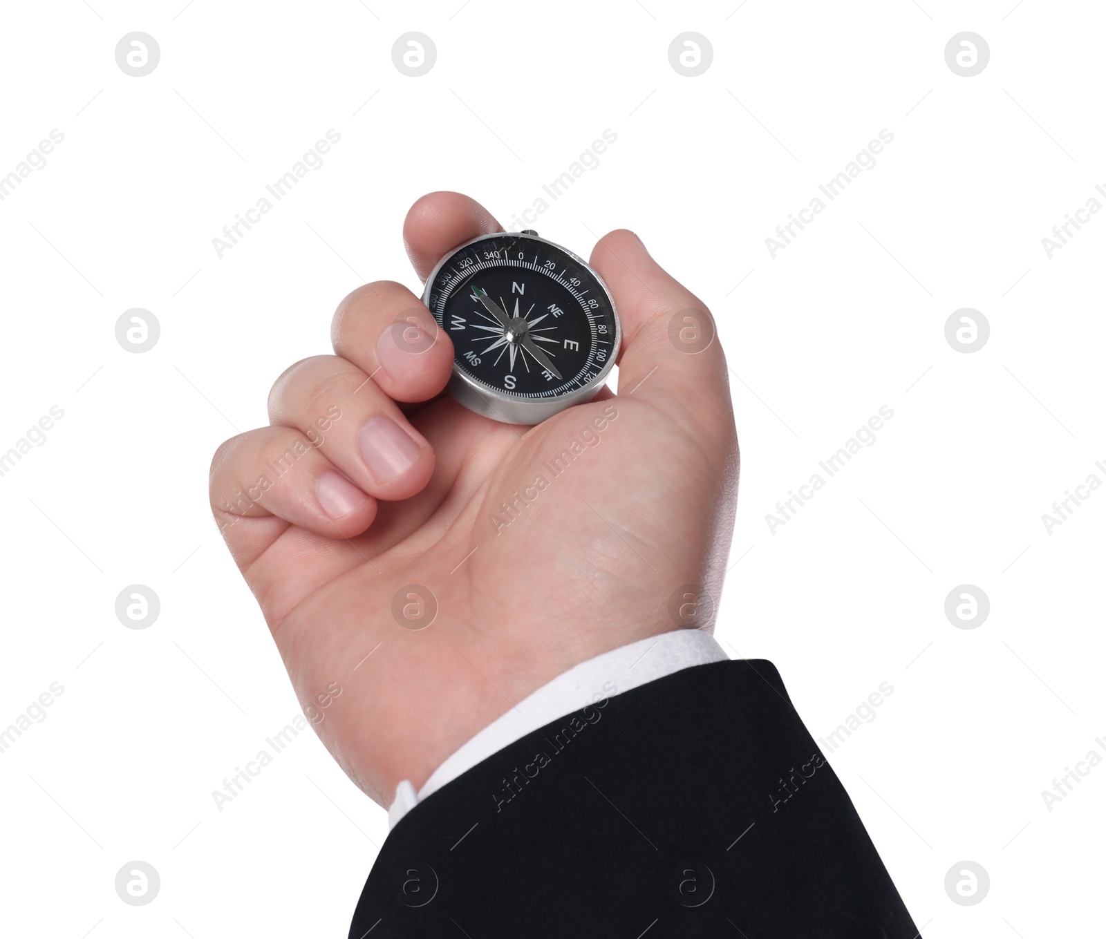 Photo of Man holding compass on white background, closeup