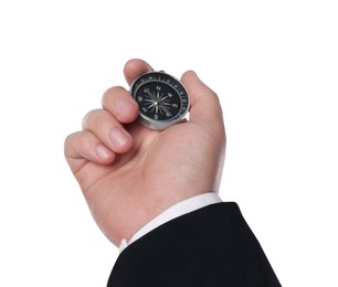 Photo of Man holding compass on white background, closeup