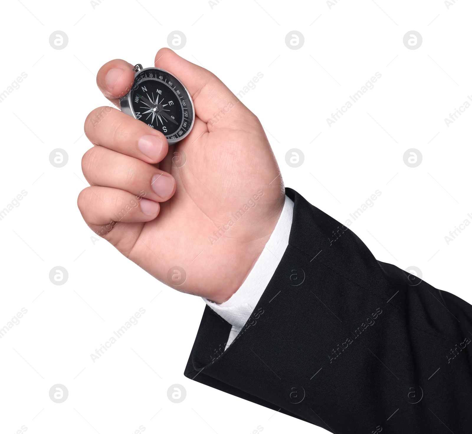 Photo of Man holding compass on white background, closeup