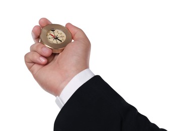 Photo of Man holding compass on white background, closeup