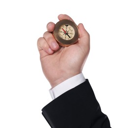 Photo of Man holding compass on white background, closeup