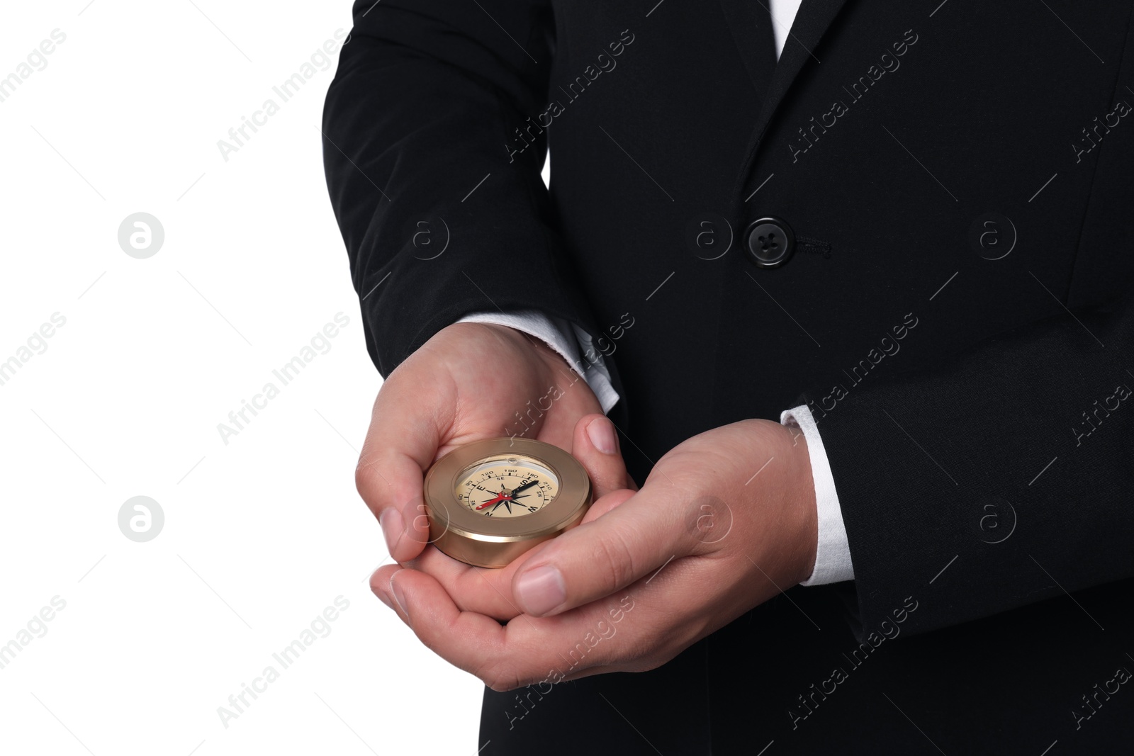 Photo of Man holding compass on white background, closeup