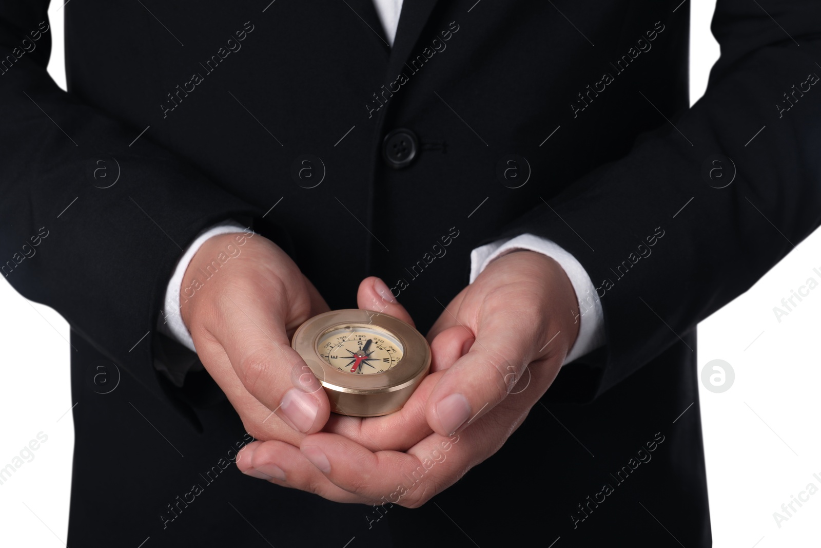 Photo of Man holding compass on white background, closeup