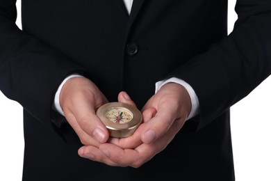 Photo of Man holding compass on white background, closeup