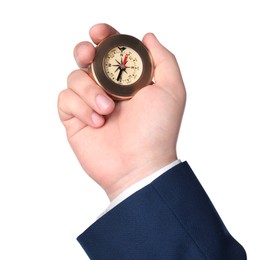 Man holding compass on white background, closeup