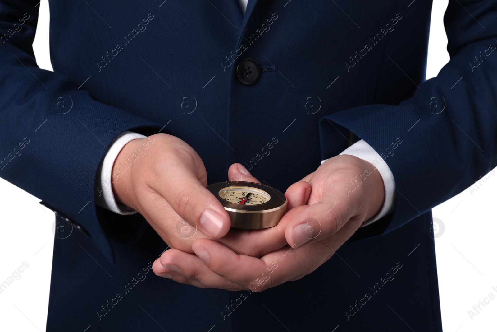 Photo of Man holding compass on white background, closeup