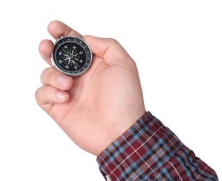 Photo of Man holding compass on white background, closeup