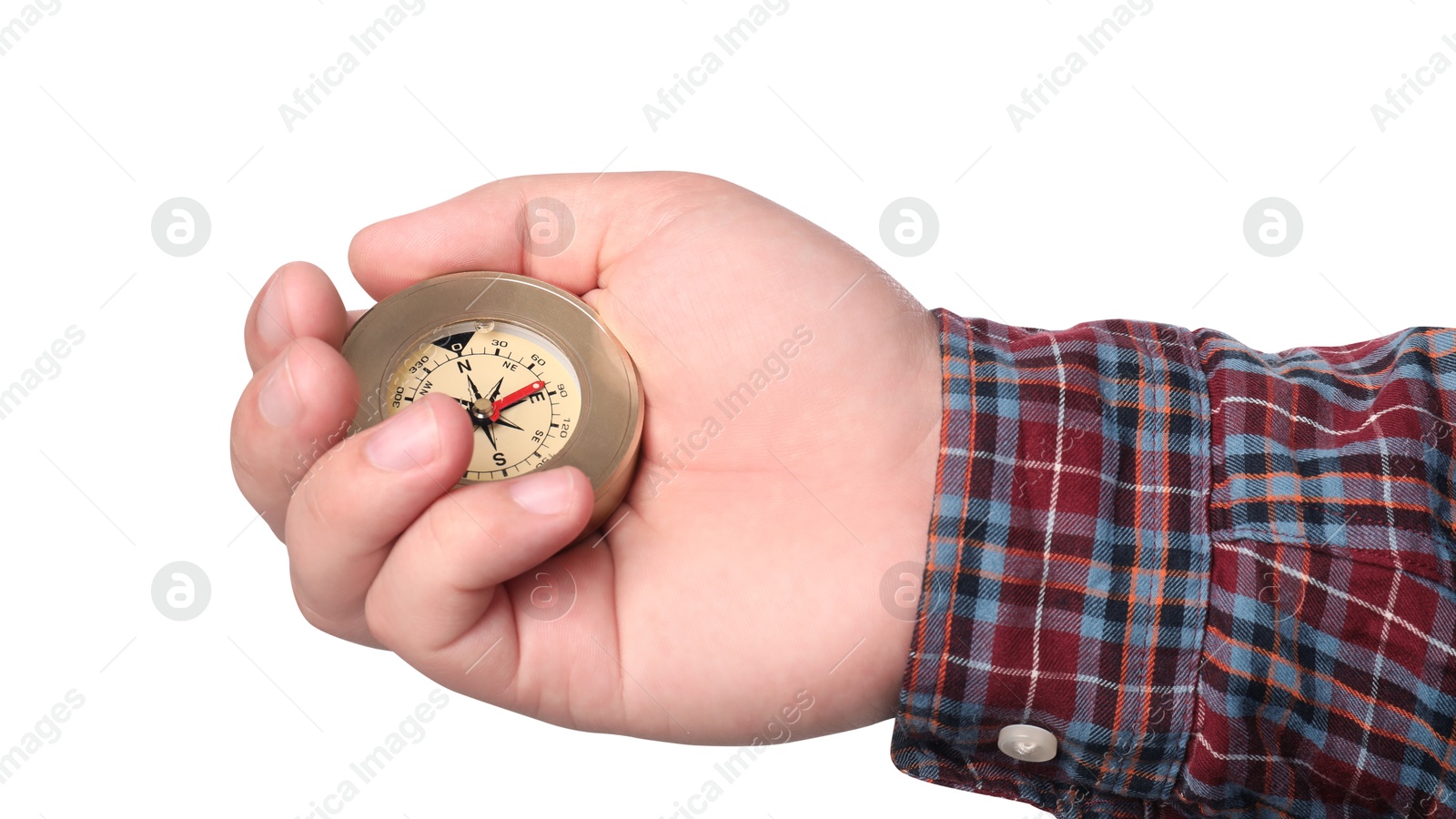 Photo of Man holding compass on white background, closeup