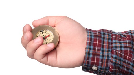 Photo of Man holding compass on white background, closeup